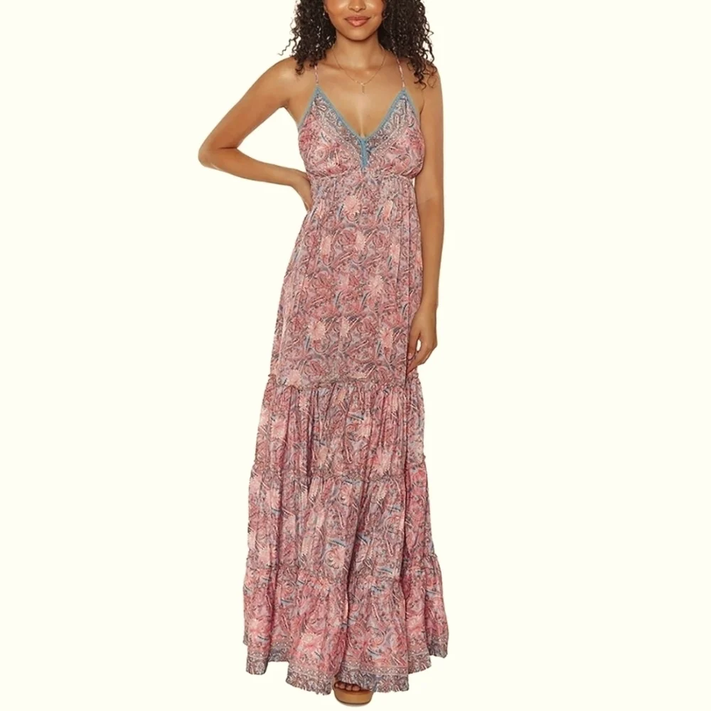Raga Baran Paisley Print Tiered Maxi Dress In Fuschia, Size Large - Picture 1 of 11
